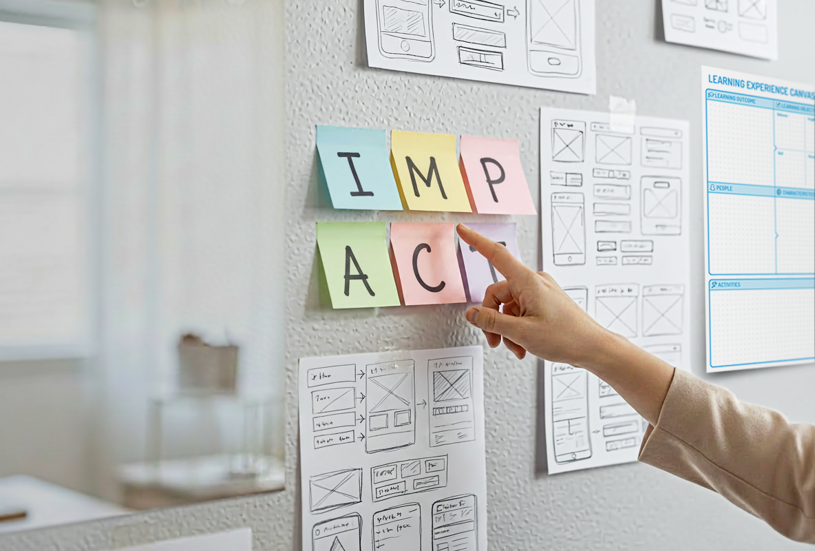 A wall filled with sketches and six post-its that spell the word impact.