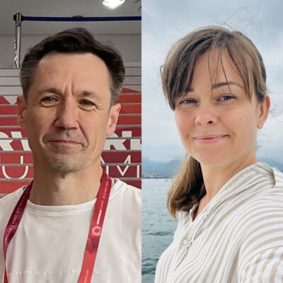 Two portraits side by side with on the left Artem Ivanenko, a dark haired white man and on the left Zhanna Maksimiuk, a blonde white woman with a pony tail.