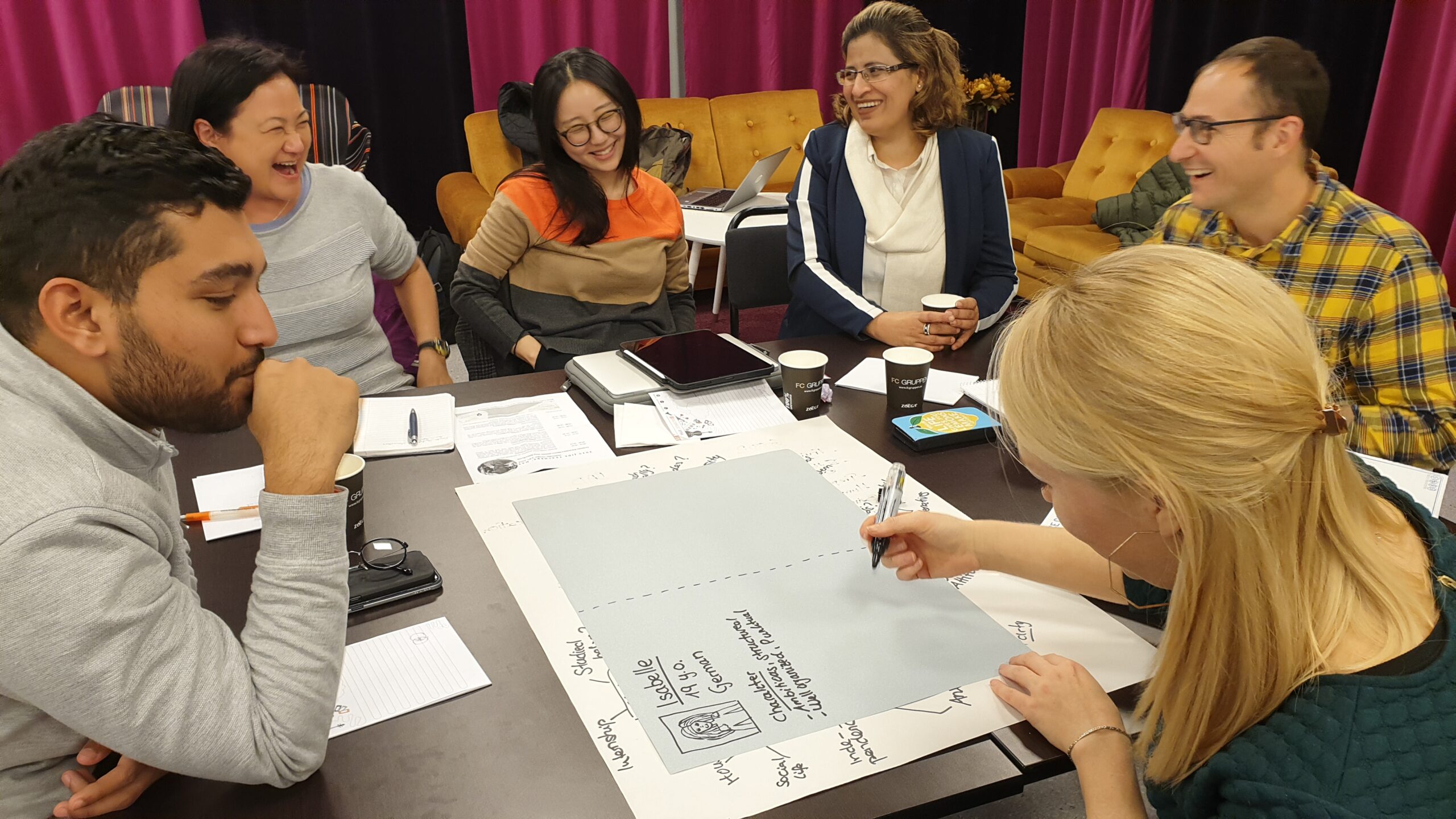 A mixed group of six workshop participants having fun while designing a learning experience.