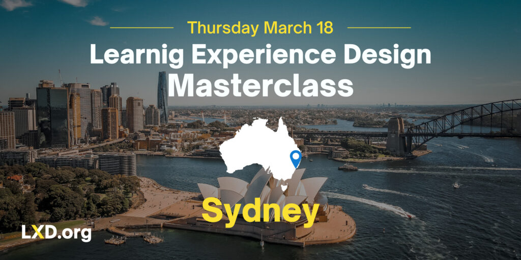 Banner for the learning experience design masterclass in Sydney with an image of the Sydney harbour in the background.